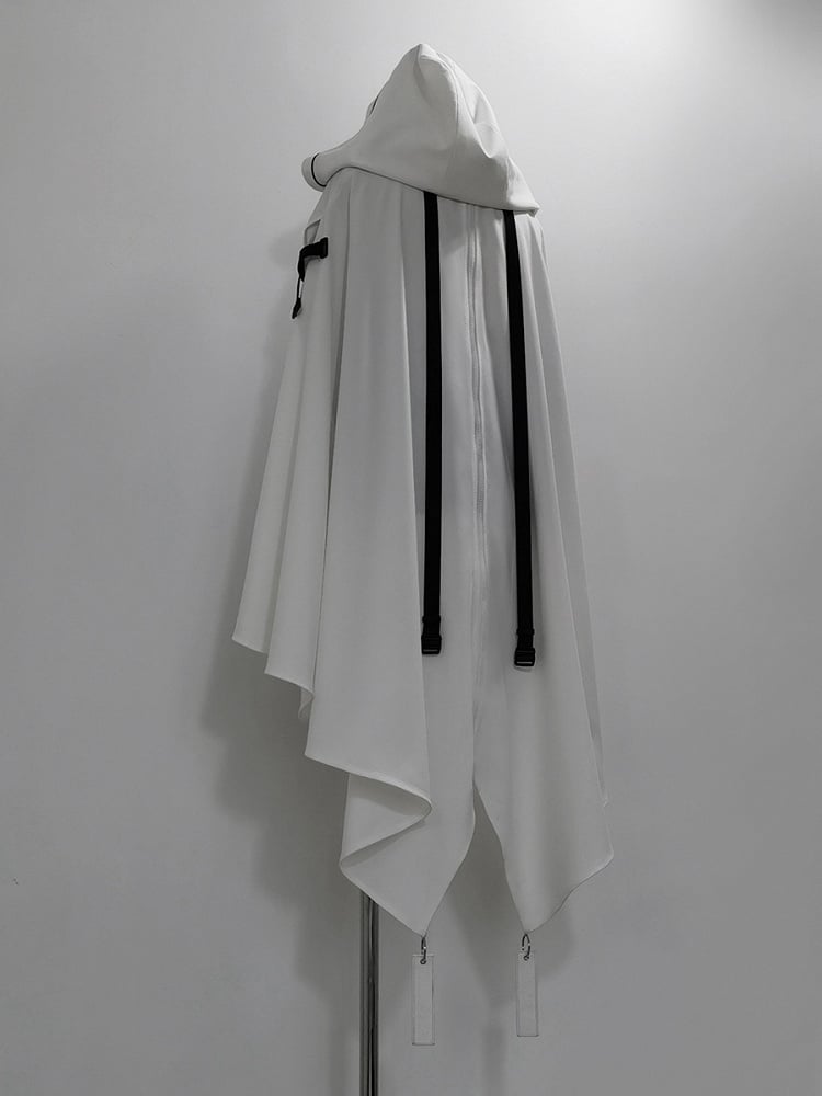 Cape Ouji and Cyberpunk High-low with White Lolita Hem Futuristic Buckle Straps Hooded