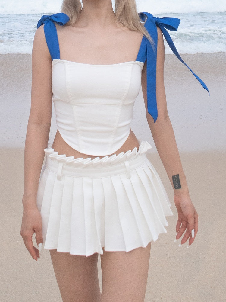 White Curved Hem Glamorous Sleeveless Top Blue Self-Tie Straps