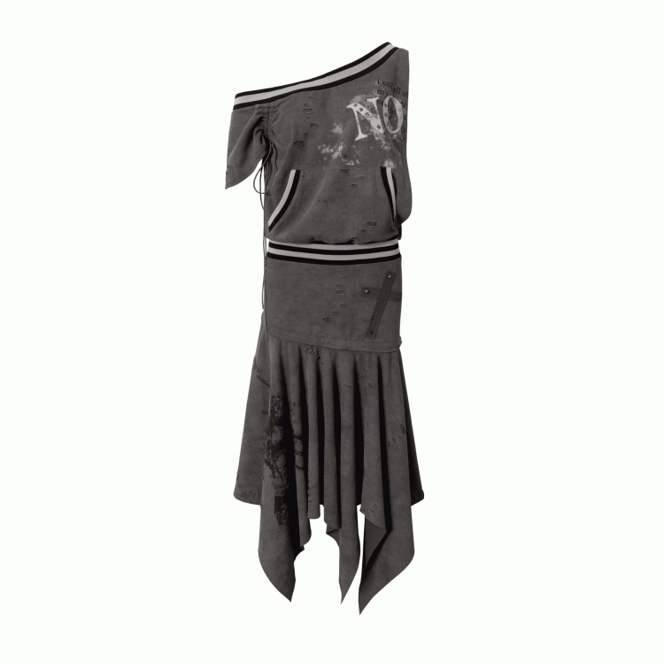 Asymmetrical Neckline Gray/White Wasteland Punk Distressed Dress