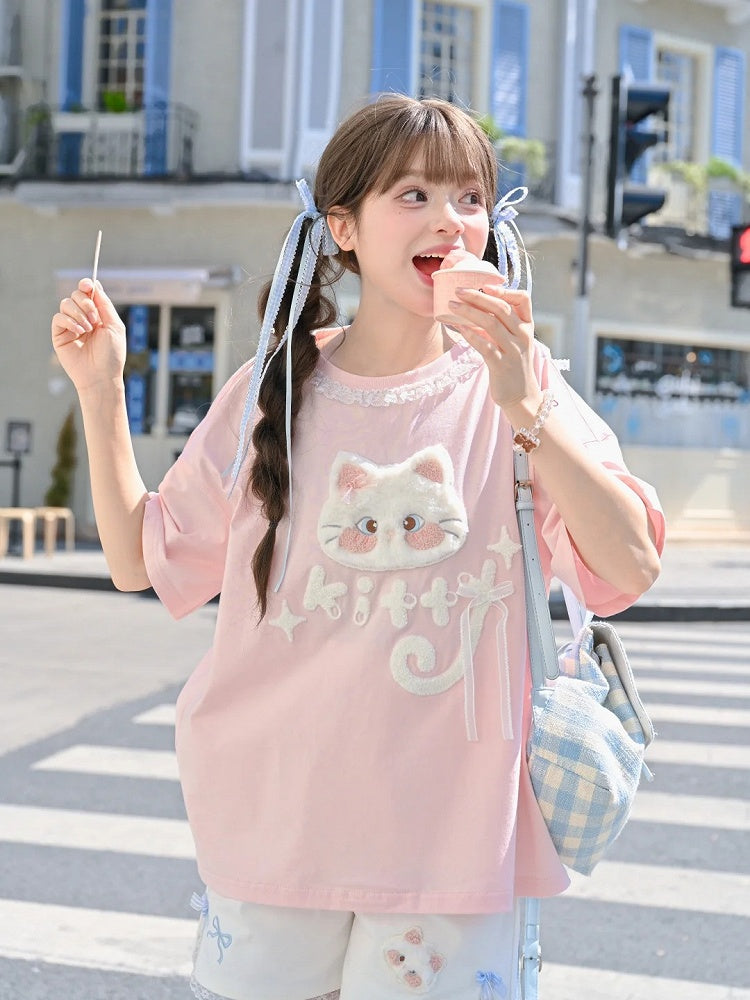 Version T-Shirt Cat Applique Long/Short Pink Plush