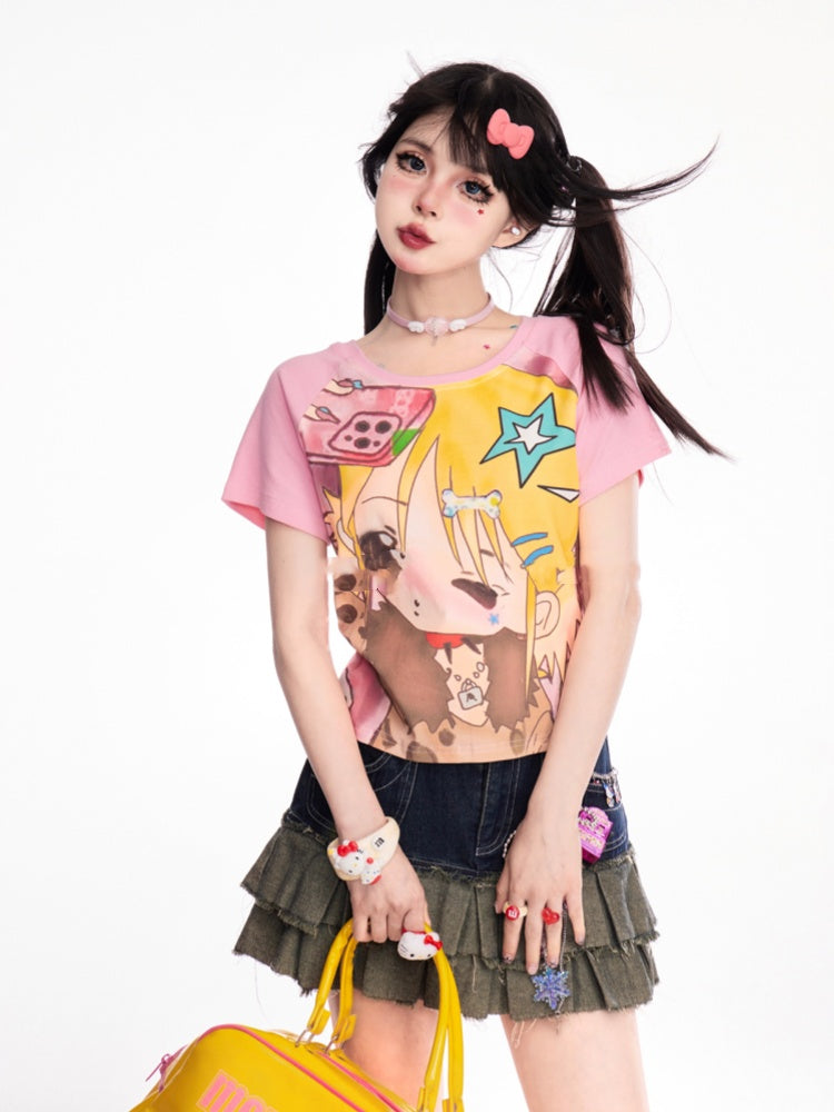 Pink Y2K Cartoon Girl Print T-Shirt/Cami Top