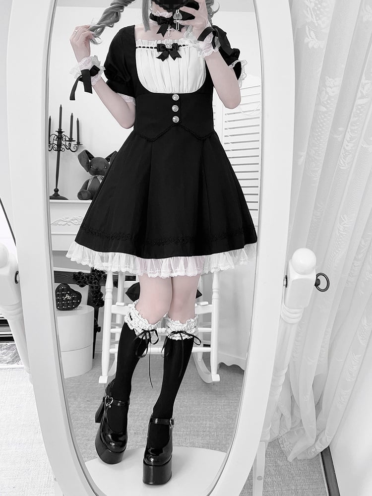 Puff Design White Sleeves Full Jirai Trim Black Corset Kei Dress Lace Belt Set- and
