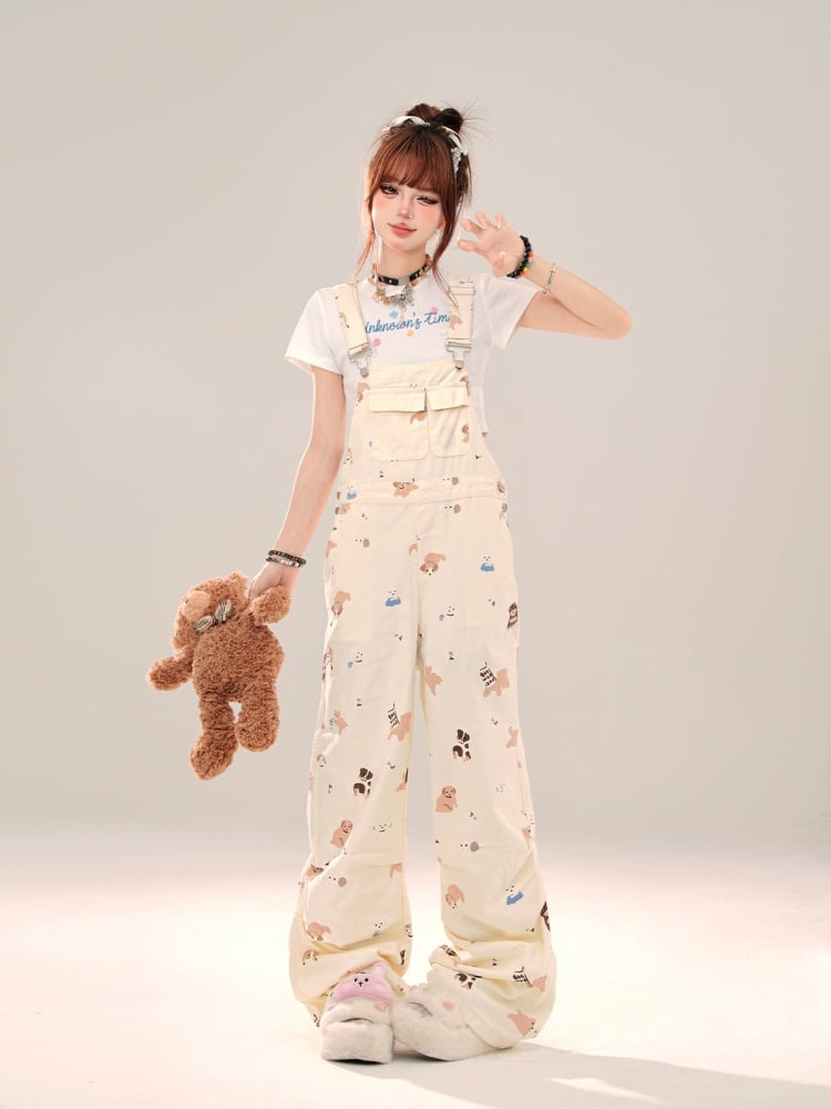 Beige Puppy Print Wide-leg Cut Overall Pants