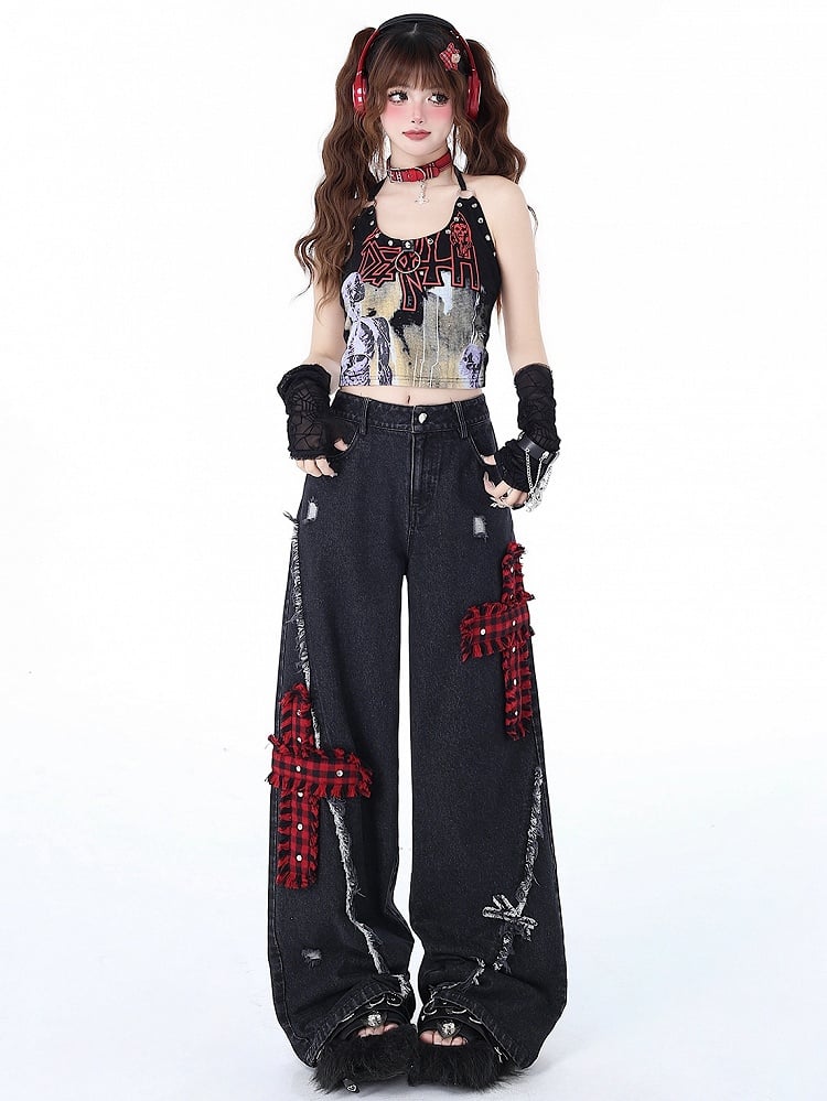 Wide Leg Punk Crosses Distressed Black Holes Plaid Jeans Red