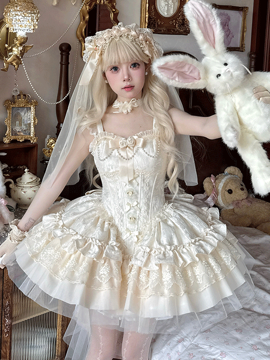 Puffy Dress Fabric with Boned Basque Waist Jacquard Beige JSK Big Hime Lolita Balletcore Bow Train
