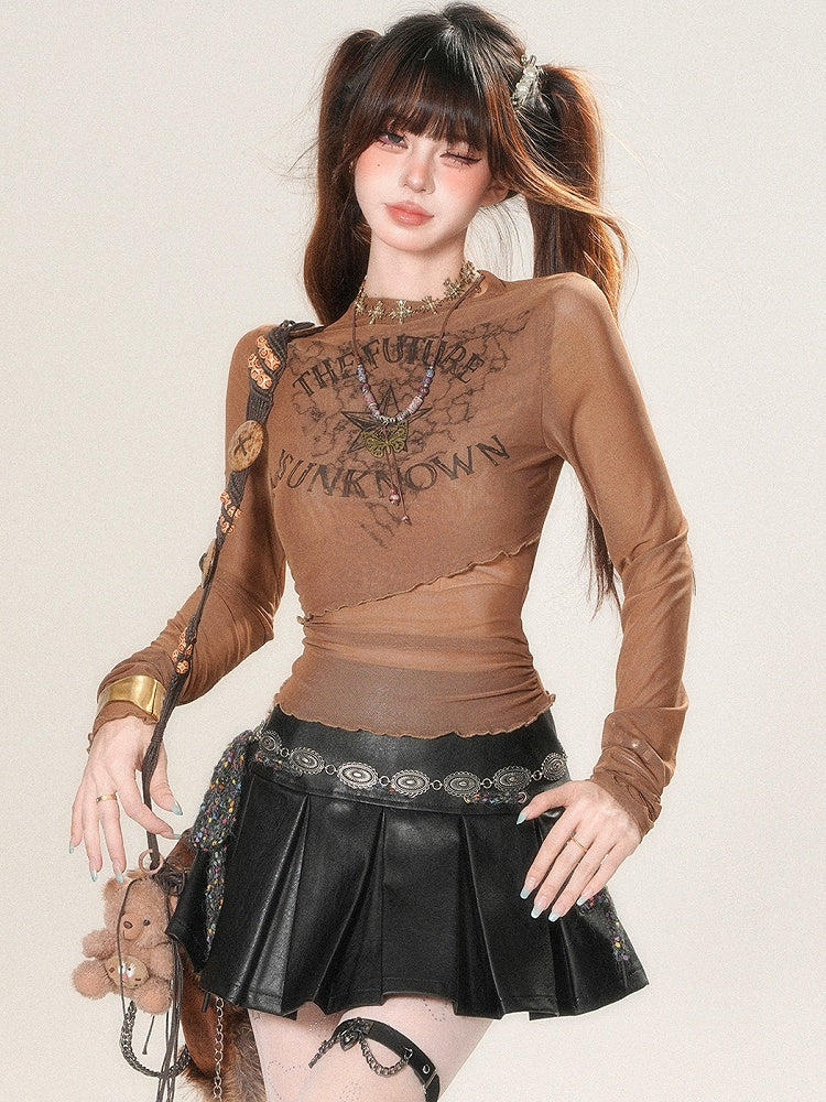 Glamorous Letter And Bittersweet Print Sleeves Star Top Brown Long