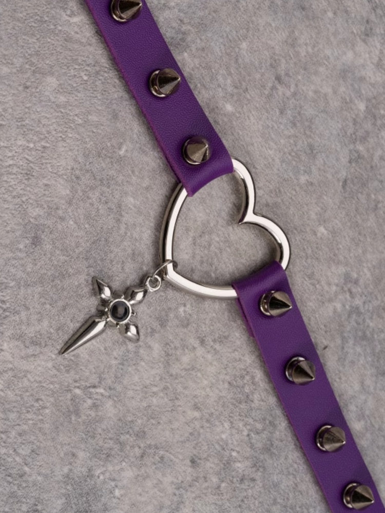 Purple Choker Cross Details Pendant Heart Studs Gothic