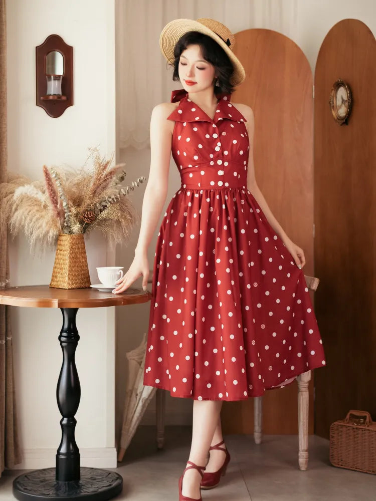 Fashion Bow Halter Polka Retro Back Print Dress Pattern Neck Red Dots Backless Big