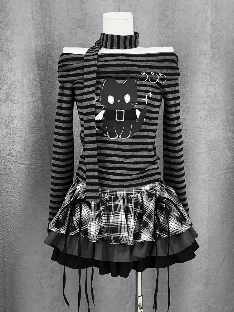 Gray Striped Top Neckline Black and Scarf with Bittersweet Kitten Print Off-the-shoulder