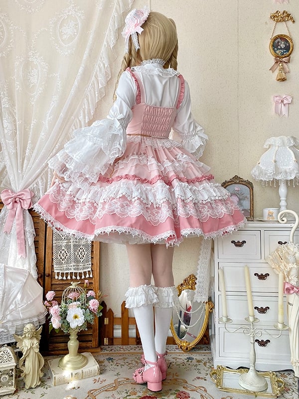 Pink Tiered Lolita Dress Sweet Bows Skirt and Details Bead Detachable