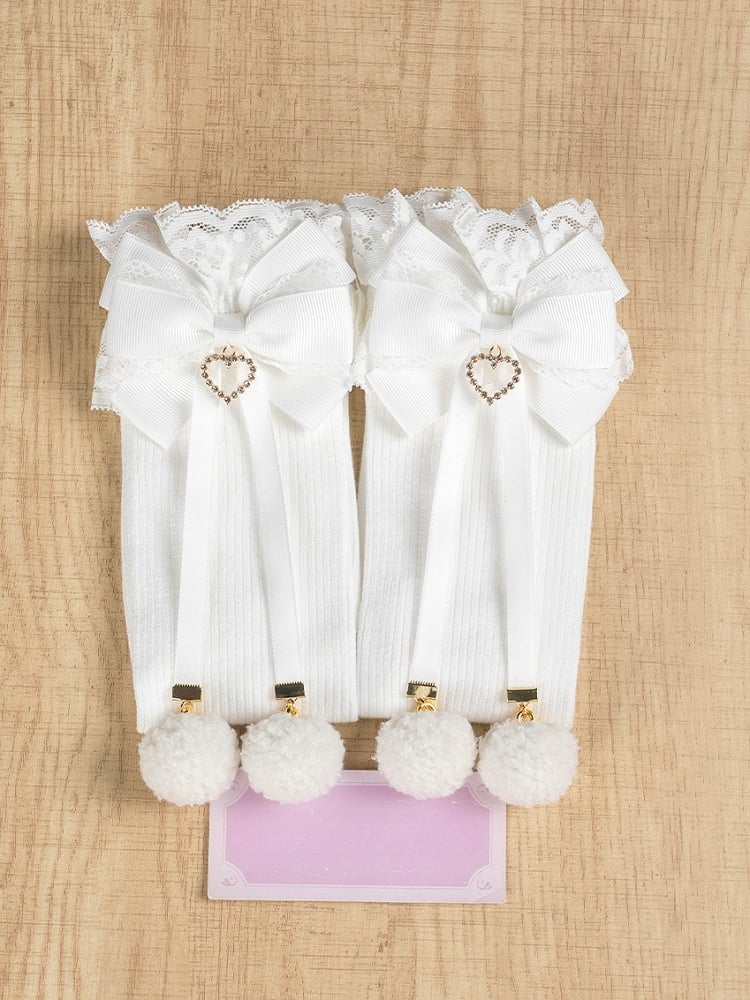 Jirai Kei Pompon-Details Spitzenbündchen Schleifen Unterkniestrümpfe