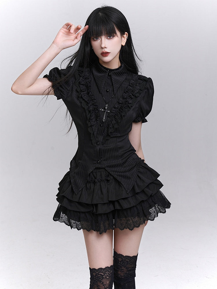 Pointed Flat Collar Curved Hem Gothic Puff Sleeves Blouse Pattern Black Striped