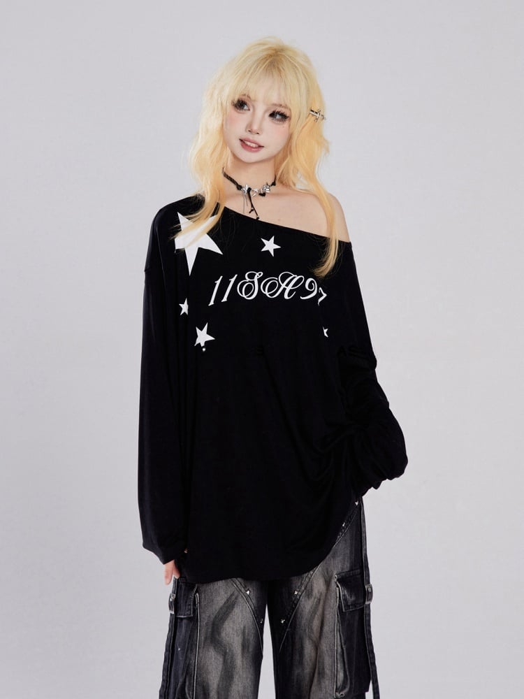 Black Asymmetrical Neckline Letter Print Top Loose