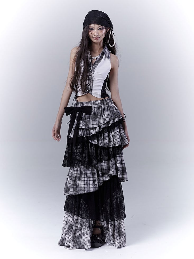 Regular/Long Version Asymmetrical Tiered Plaid Skirt Black Punk