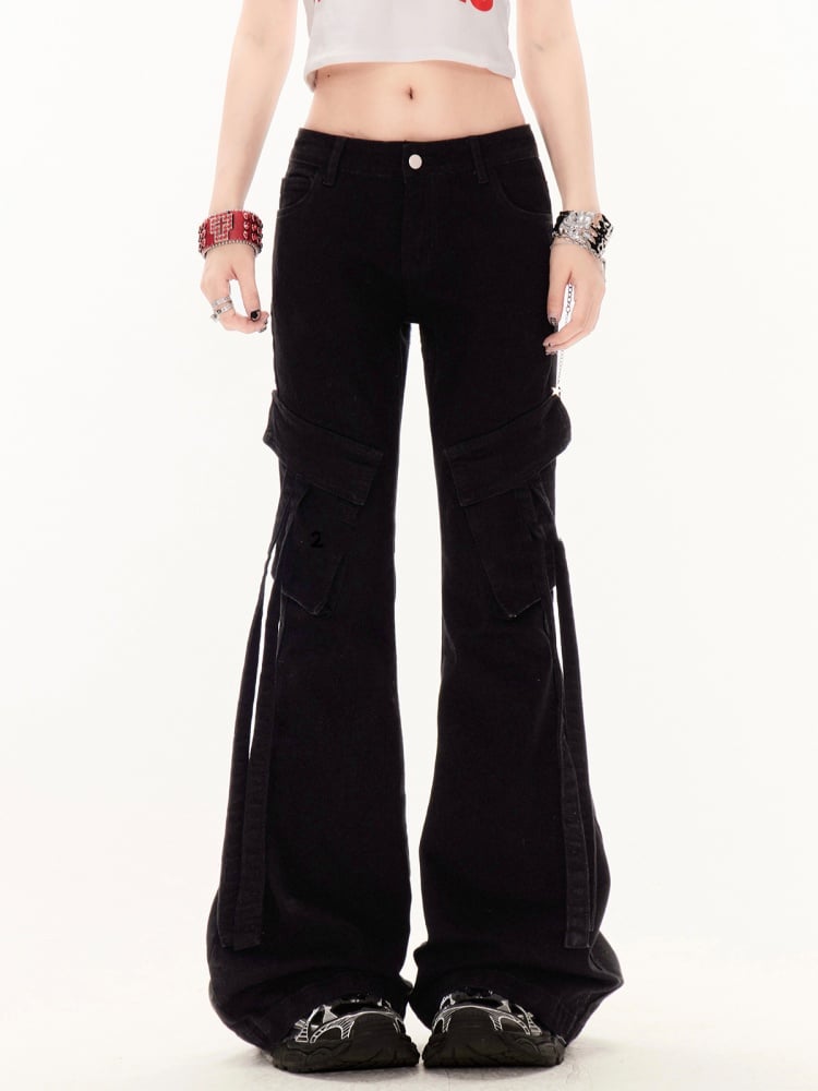 Black Low Rise Slim-Fit Flared Cargo Pants