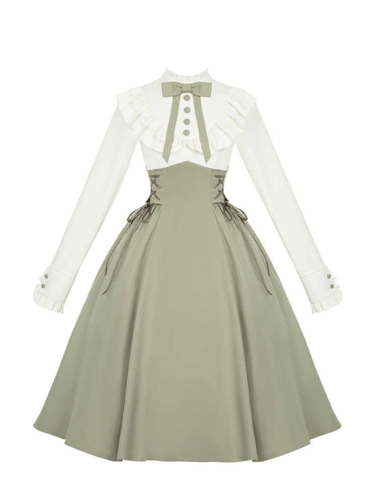 Light Green and Beige Ruffle Neckline Long Sleeves Spring Classic Lolita Dress Fake Two-pieces