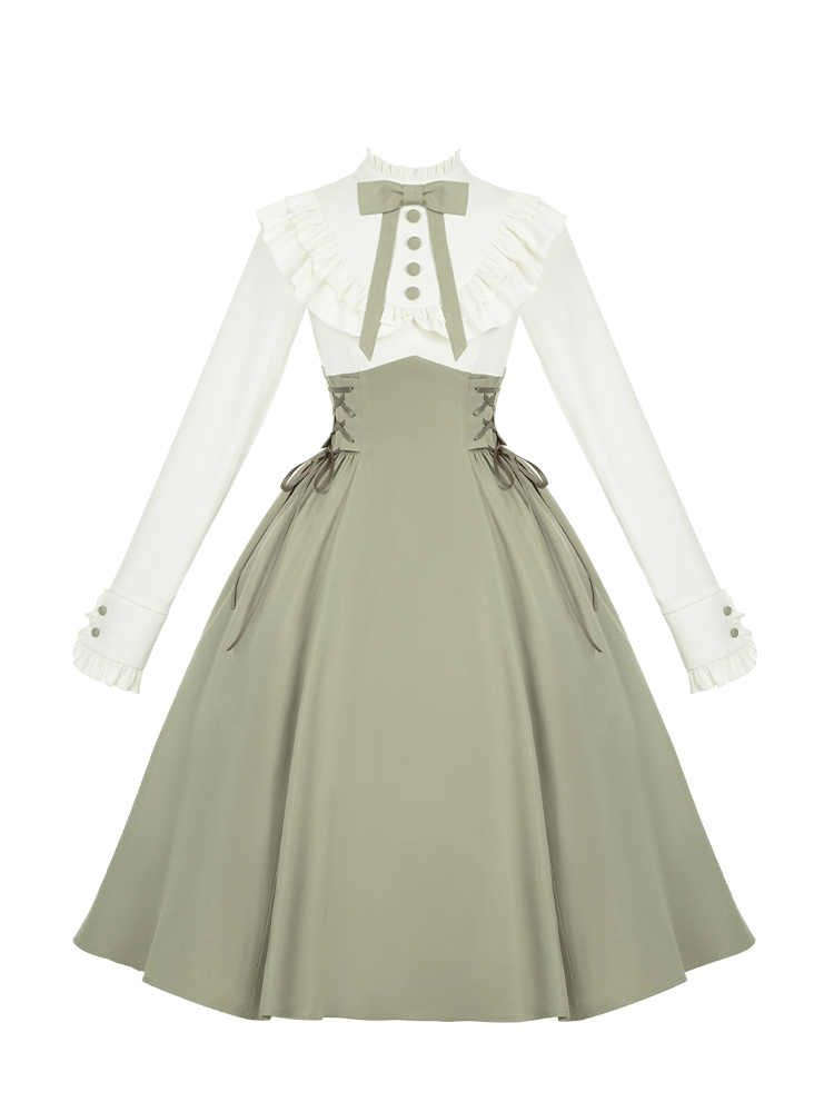 Spring Sleeves Ruffle Neckline Fake Lolita Dress Light Green Long Design and Classic Two-pieces Beige