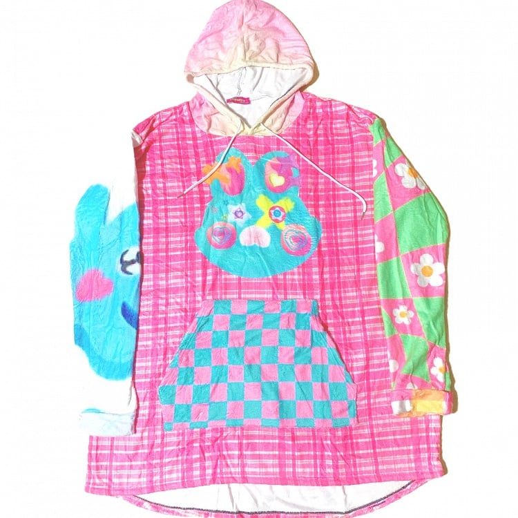 Colorful Oversized Floral And Pattern Hooded Cartoon Print Y2K Dress Plaid