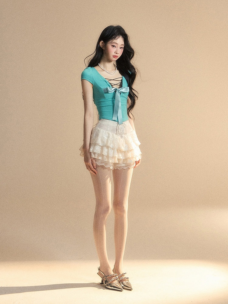 Blue Lace Trim V-Neck Cutout Tiffany Slim-fitting Back T-Shirt Big Bow