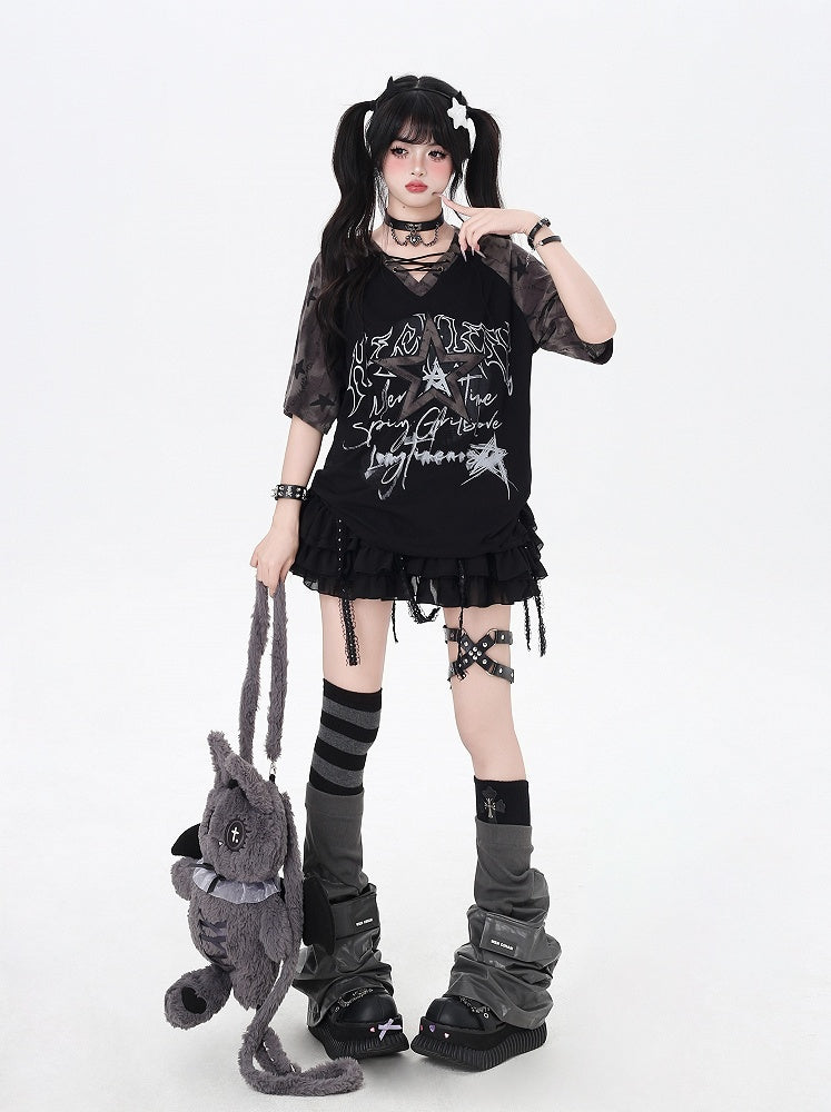 Design Lace-up V-Neck Star T-Shirt Loose Black Colorblock Print