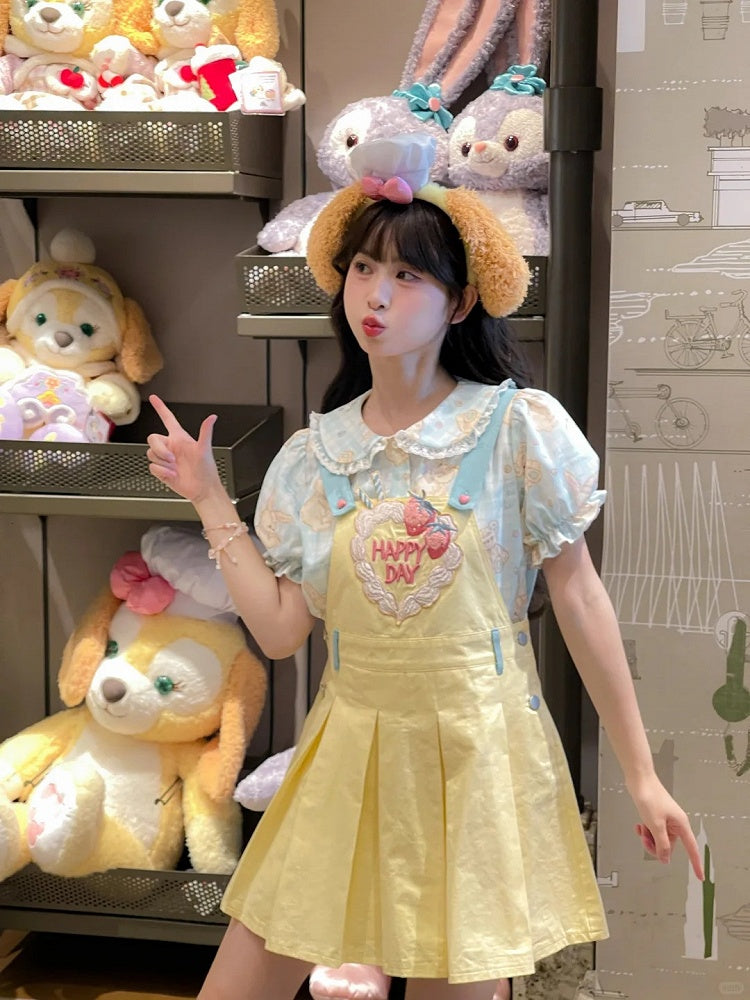 Strawberry Embroidery Yellow Box Pleat Overall Dress Sweet
