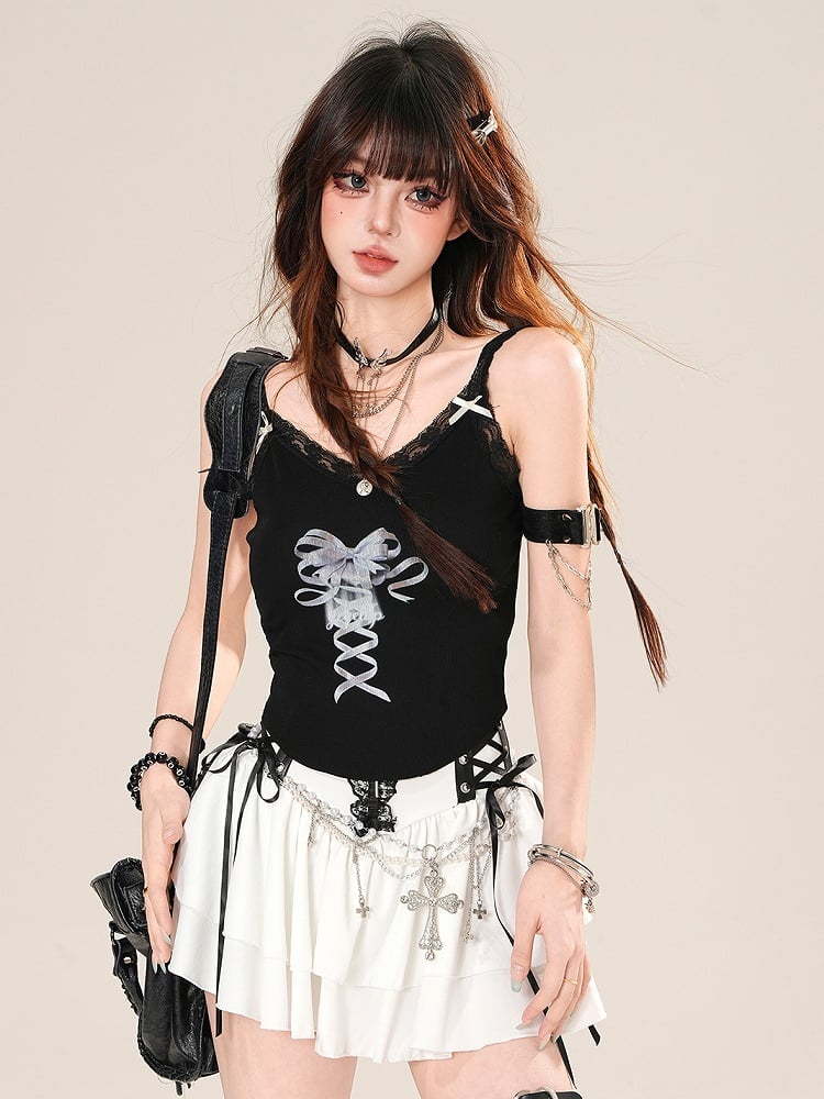 Bowknot Bittersweet Cami Trim Glamorous Lace Print Black Top