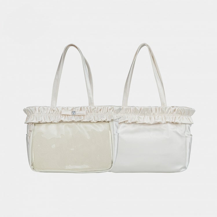 Beige Ruffle Trim Rhinestone Bowknot Ita Tote Bag