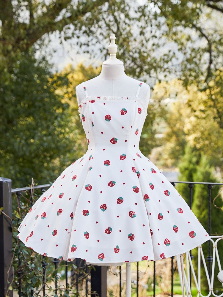 and White JSK Sweet Dress Polka Dots Summer Lolita Strawberry Sun Print
