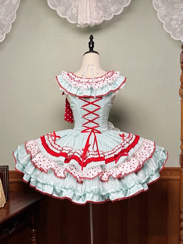 Red and Skirt Green Sweet Polka with Accents Bow Tiered Dots Stripes Dress Lolita
