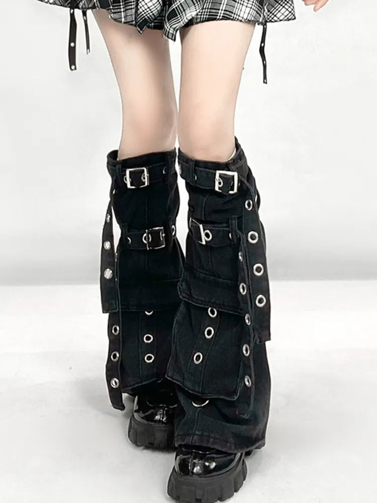 Straps Handkerchief Leg Black + Hem Buckle White Warmers Skirt Plaid