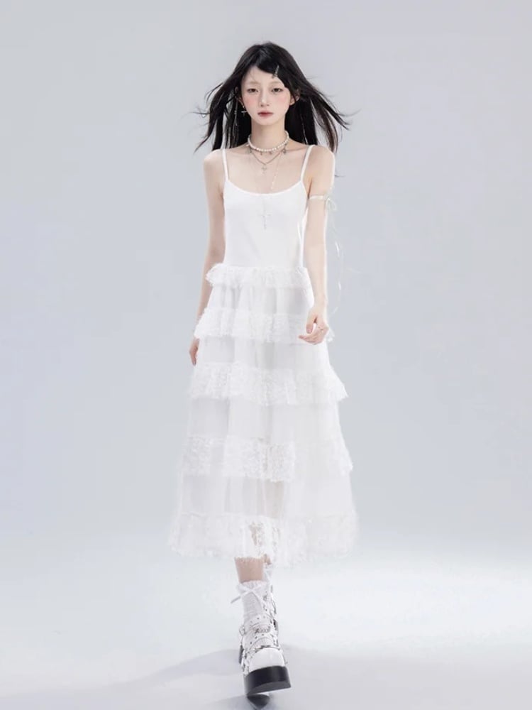 Skirt Cami Dress Waist Chain Sweet White Lace Tiered Free with