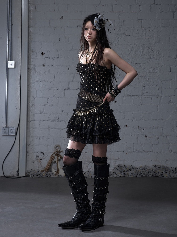 Beige/Black Neck Waist Polka-dot Vintage Halter Lace Patches