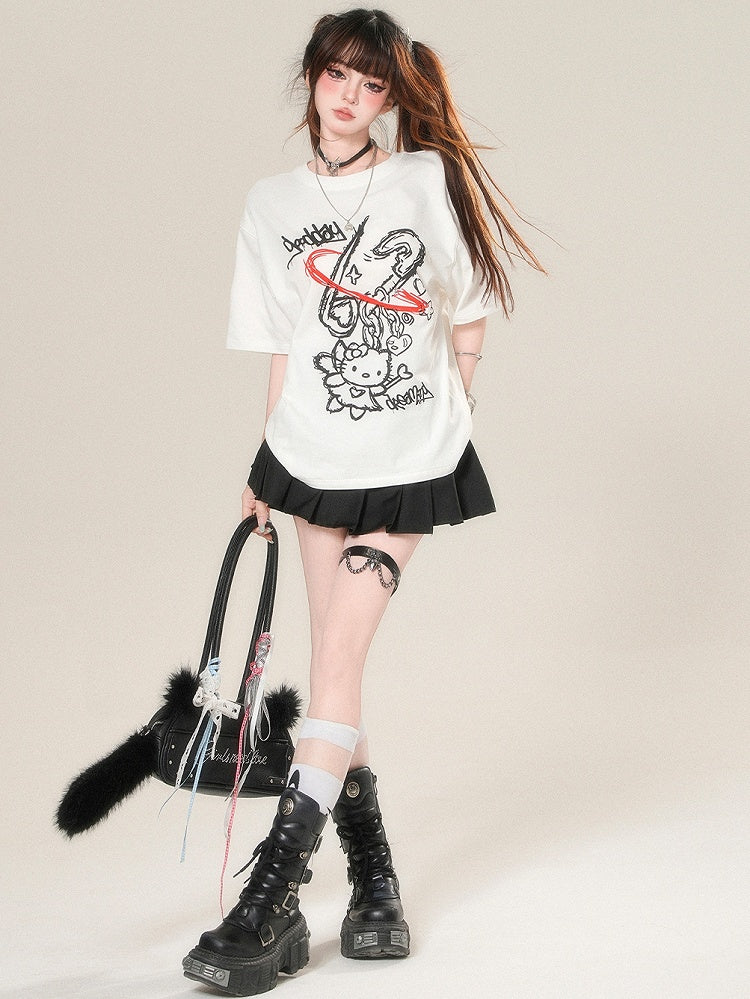 Kawaii Kitty Print T-shirt Daily White