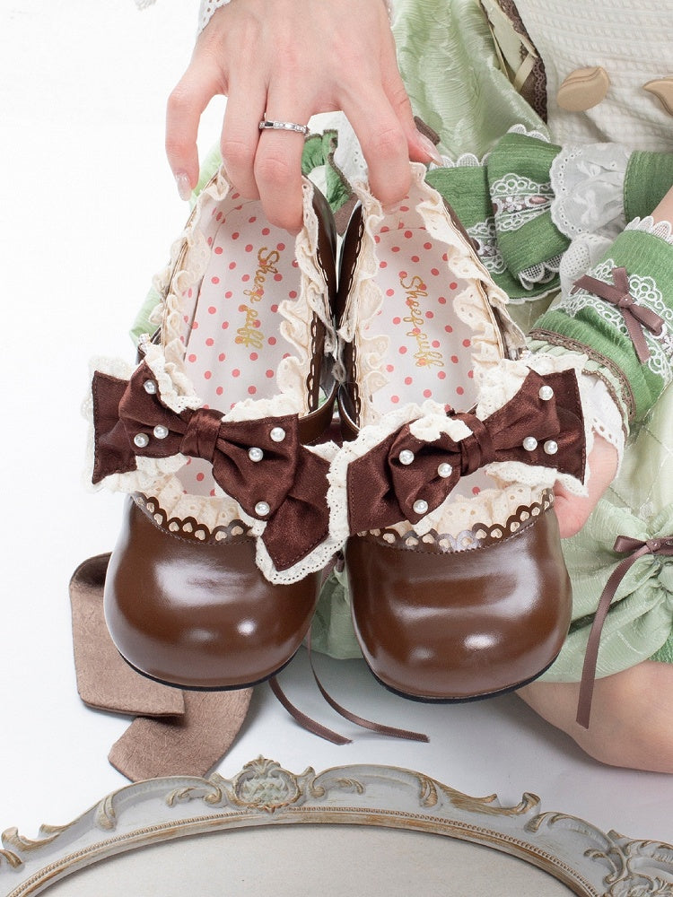 Brown Beaded Lolita Leather in Bow Trim Mid-heel Janes Heart Lace with Beads Mary Buckle Decorated PU