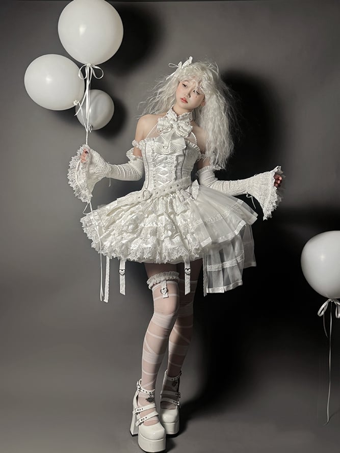 Set Halter Lolita Neck Sleeveless Gothic Skirt Tiered Full + Shiro White Top