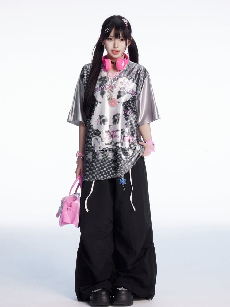 Patchwork Wide-leg Casual Pants Plaid Waist Drawstring Cuffs Black