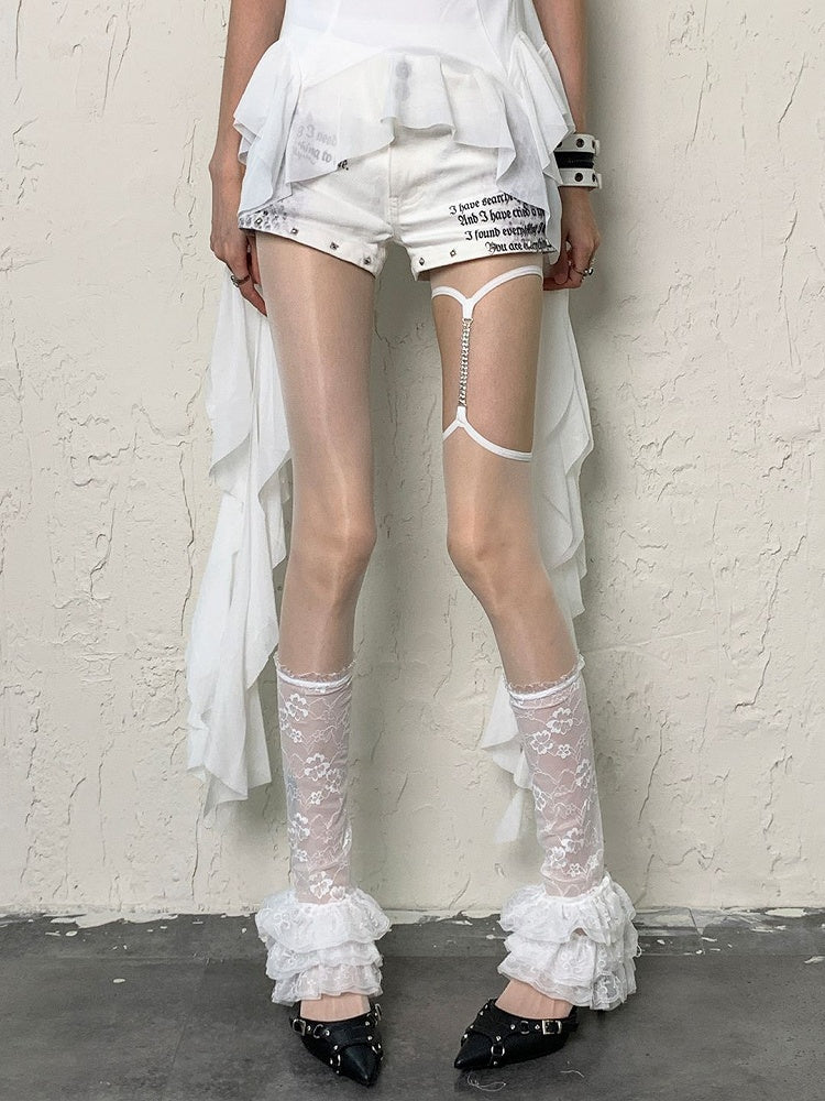 White Pattern Semi-sheer Seeves Floral Ruffle Trims Y2K Leg