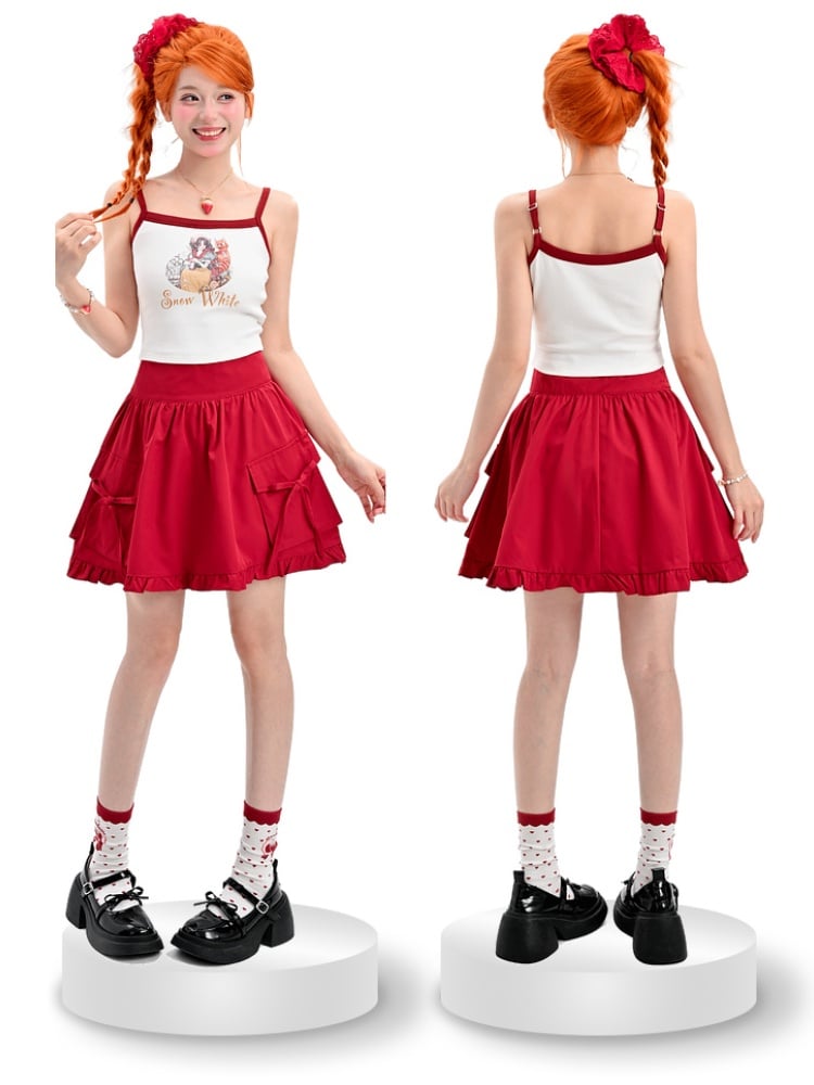 Snow White Vibes Contrast White Graphic Cami Top Red Trim Cropped