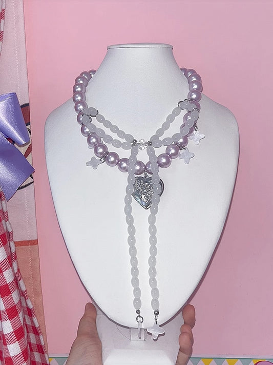 蝶結びパープルデザインビーズY2Kペンダントハートネックレス