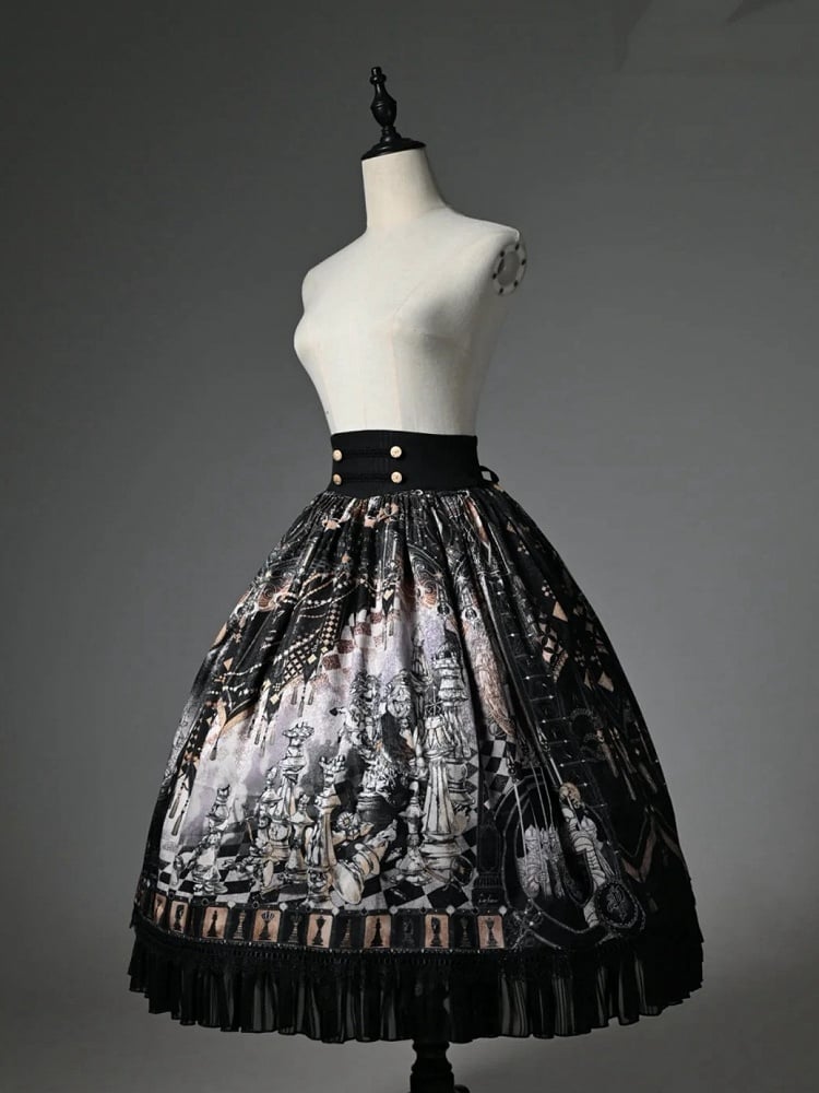 Skirt Theme Black Waist Corset Belt Chess Lolita Print
