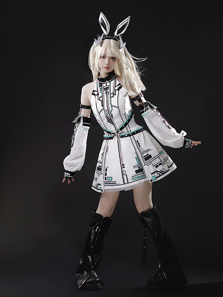 Bunny Sleeves KC Dress Techwear Halter Neck Urban Cyberpunk White + Ears