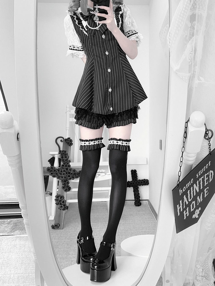 Mini Dress + Shorts Lace-up Back Neckline Illusion + Black Striped Jirai Kei Set- Bow Tie