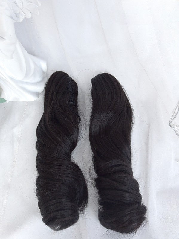 With Straight Clips Wig Claw Length + Curly 22CM Double Roman Bangs Short Black Ponytail Full 30CM