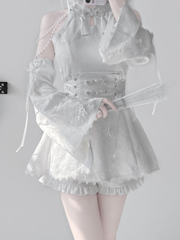 Jirai Kei White Jacquard Cheongsam with Set Detacable Collar Waist Chain+Lace-up Top Beaded Shorts