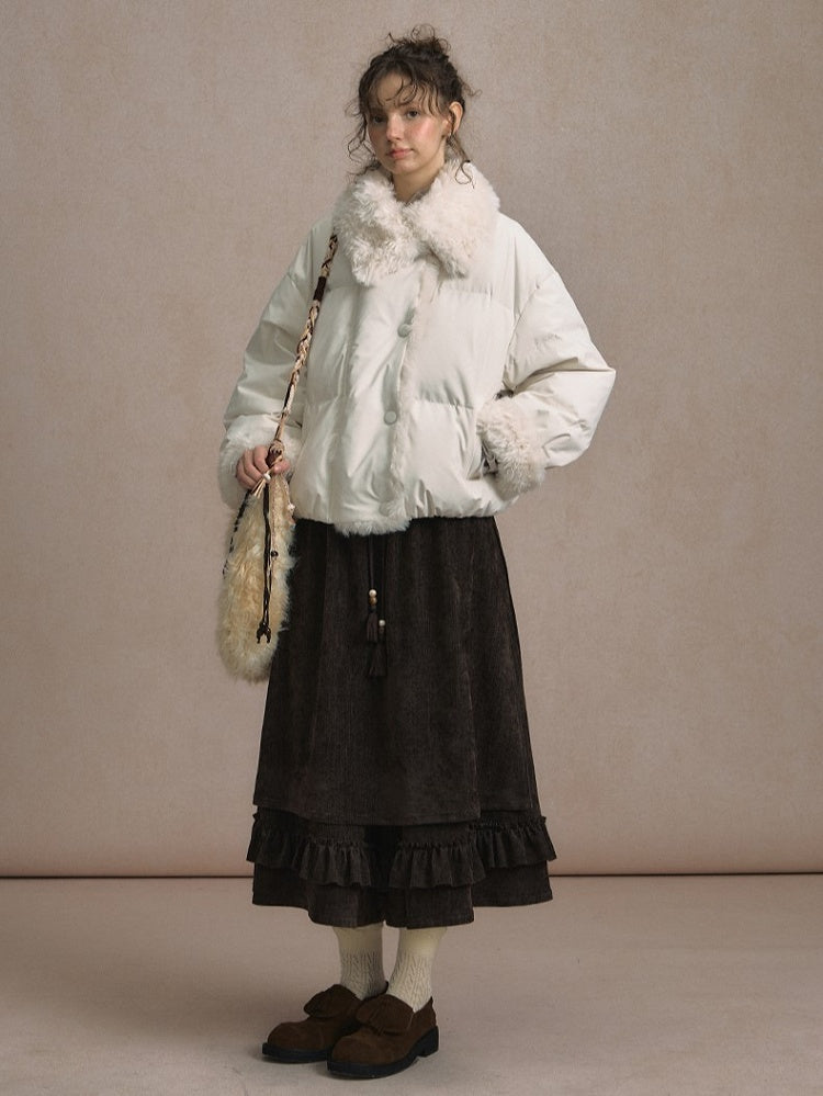 Beige/Brown Short Puffer Jacket with Faux Fur Trim and White Duck Down Filling