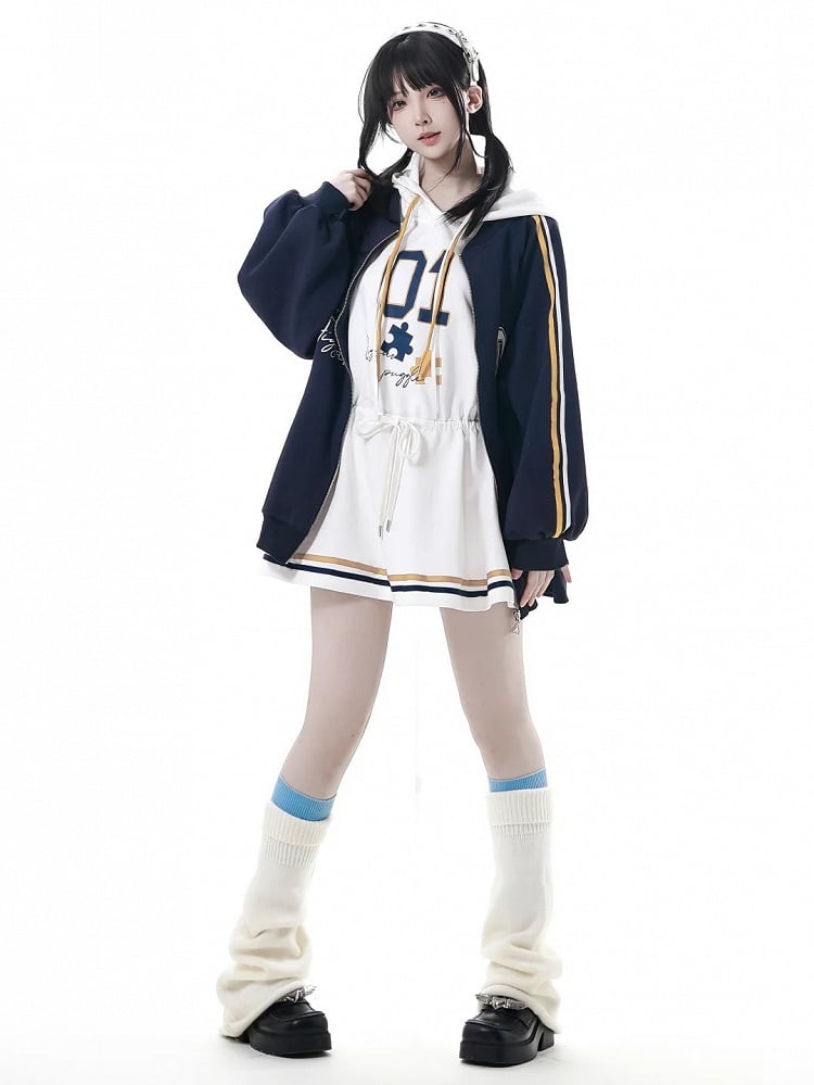 Dress with Yellow Drawstring Hem Hood,Blue Waist Striped Hoodie and Blokette Sleeveless White