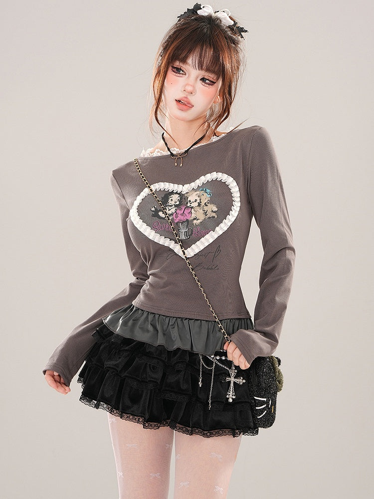 グレー/ホワイト パピーズプリント フリルヘム スリムフィット Tシャツ