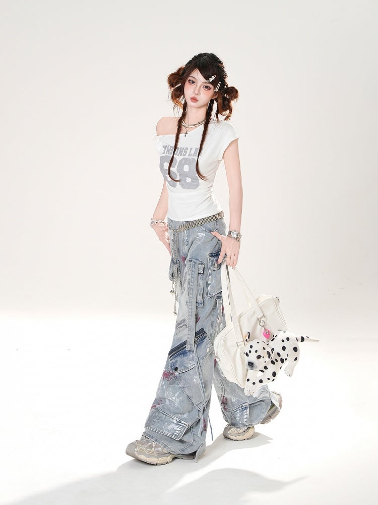 Low Details Distressed Spray Paint Print Blue Wide-leg Jeans Rise Zipper