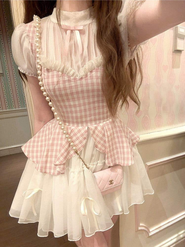 Mit zweiteiligem Faux Pink Kleid Muster Plaid Weiß
