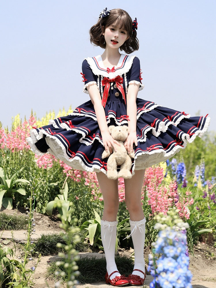 Lolita Dress Short Detachable Navy with Sleeves Blue Summer Sailor Collar